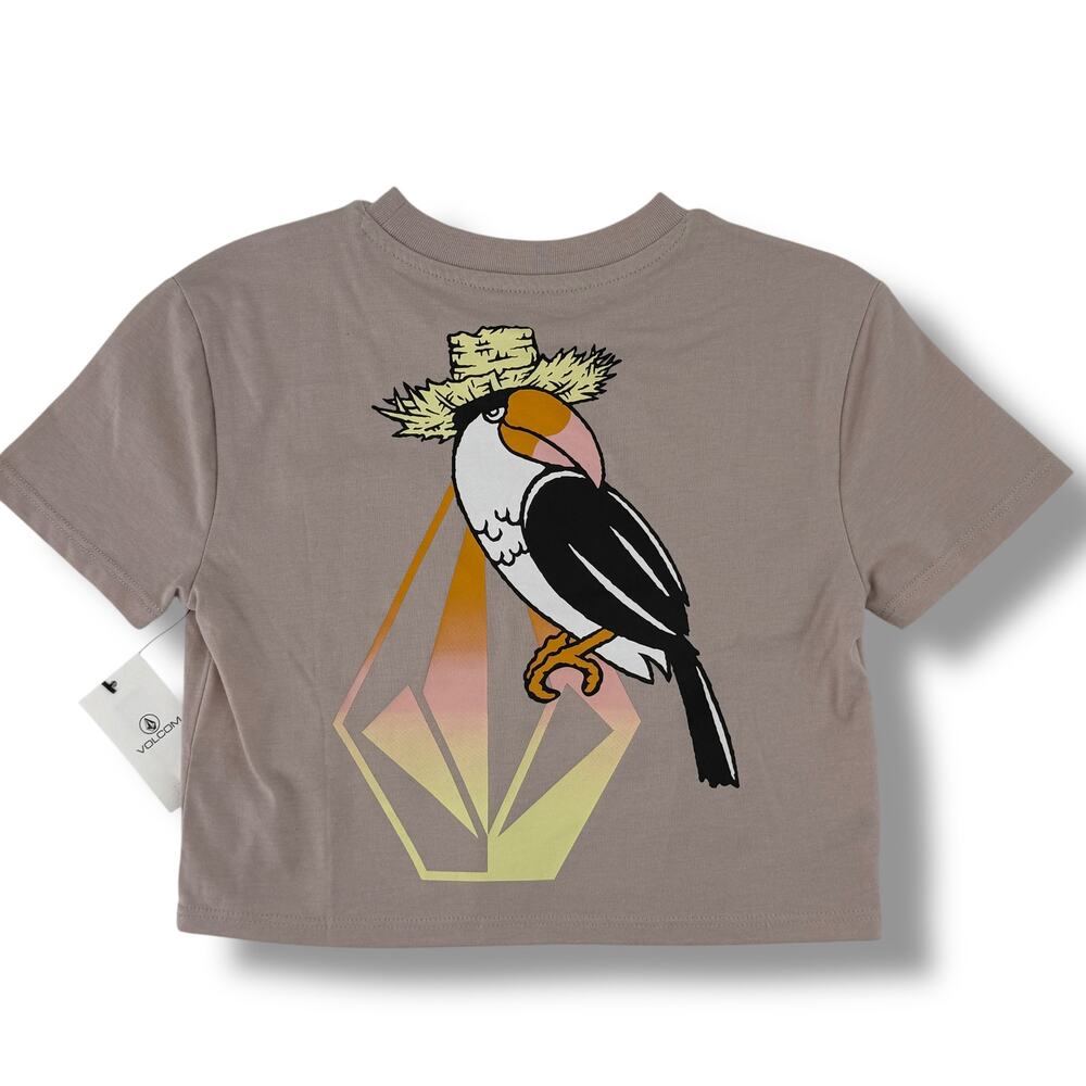 Volcom Toucan Bird Pocket Dial Crop T Shirt Top Girls Sz XS 5 6 Logo